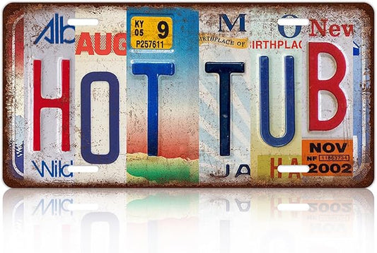 Vintage Hot Tub Metal Tin Sign License Plate Wall Decor 12 x 6 Inches