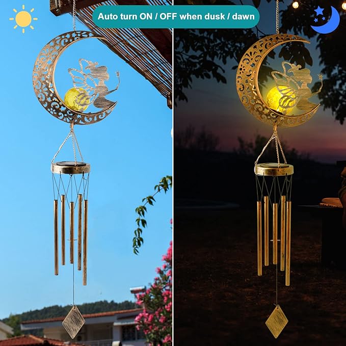 Solar Wind Chimes Moon Fairy Hanging Outdoor Decor Crackle Glass Ball Warm Memorial Wind Chimes Light Patio Lawn Yard Gardening Gift for mom for Grandma Gifts Christmas Decorations