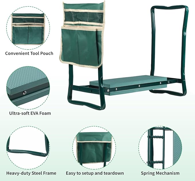 Garden Kneeler and Seat, Portable Foldable Gardening Kneeling Bench Stool with Tool Pouch and EVA Foam Kneeling Pad, Gardening Gifts for Women, Men, Gardeners, Seniors