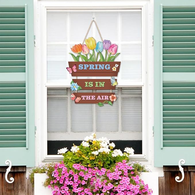 HOURIA Spring Is In The Air Wooden Door Sign(12”x14”),Colorful Tulip Flower Butterfly Spring Wall Hanging Sign,Garden Gifts,Spring Decorations for Home Garden Porch