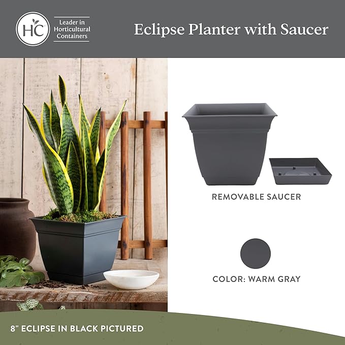 The HC Companies Eclipse Square Plastic Planter w/ Attached Saucer - Outdoor & Indoor Plant Pot with Drainage Holes - Lightweight, UV-Resistant Plastic Pots For Plants (8" Warm Gray, Pack of 1)