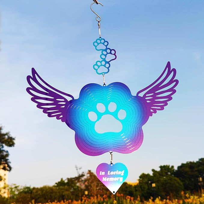 Pet Memorial Wind Spinners, Cat Memorial Gifts,Stainless Steel Angel Wings Pet Paw Print,Dogs and Cats Remembrance, Pet Sympathy,Pet Loss Bereavement Gifts