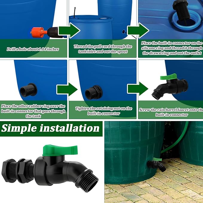 Plastic Rain Barrel Spigot Kit - High Flow Water Barrel Faucet with Bulkhead Fitting, 1/2" NPT to 3/4" GHT Leak-Proof Rain Barrel Spigot with Seal Tape & Gasket for Water Tank, Garden Barrel