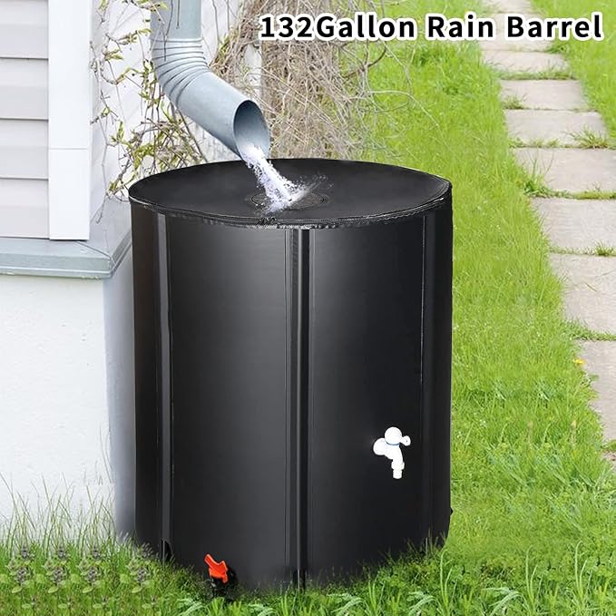Outvita 132 Gallon Collapsible Rain Barrel, Garden Water Storage Tank, Portable Folding Rainwater Collector, Water Catcher with Filter Overflow Kit Faucet Black