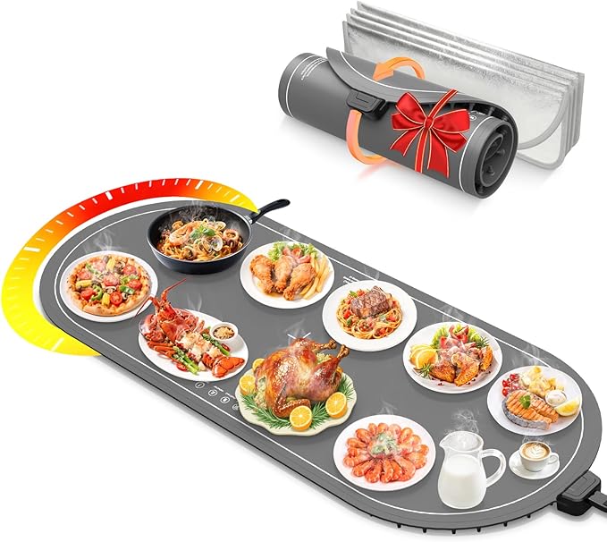 Food Warming Mats for Countertop Extra Large(XXL 36"x15"),Electric Heating Pad for Food,Roll Up Silicone Warmer Mat for Party and Kitchen,Practical Cooking Birthday Gift for Mom and Women(Gray)