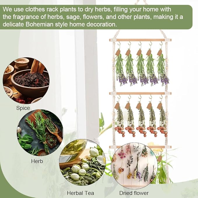 3-Tier Hanging Herb Drying Rack, Includes 25 Gift Tags & 32ft Natural Jute Twine, Handwoven Hanging Herb Dryer Rack Plant Hanger for Drying Herbs, Flowers, Sage(COLOR:Beige)