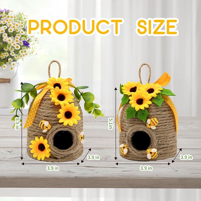 Sunflowers Bee Hive Decor, 2 Pack Farmhouse Honey Comb Bee House Decorations, Spring Summer Rustic Sunflowers Bees Themed Decorations for Home, Farmhouse Bees Kitchen Table Tiered Tray Decor