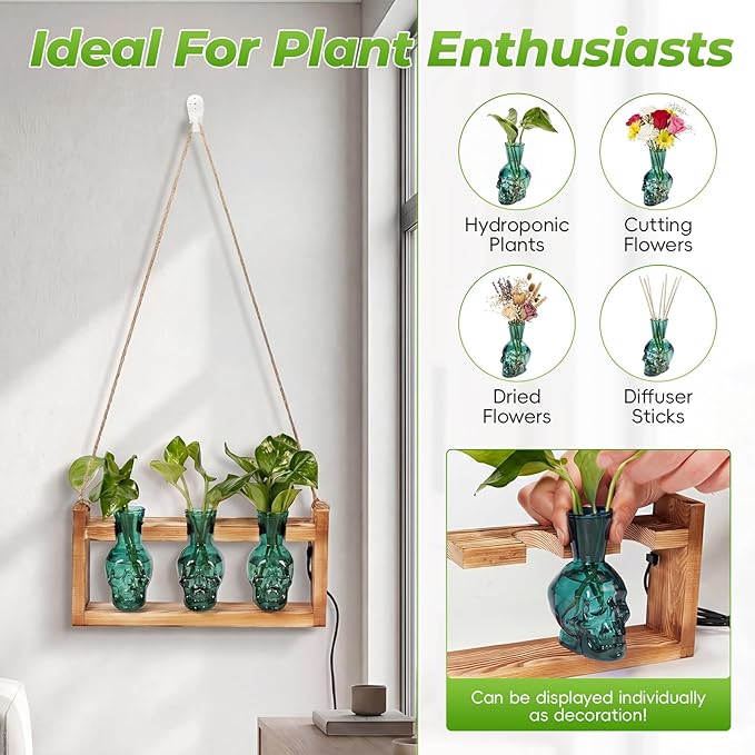 Skull Plant Propagation Station with LED Lights - Halloween Decor Skull Planter, Hydroponics Pot for Office, Unique Gifts for Women & Plant Lovers(Grey)