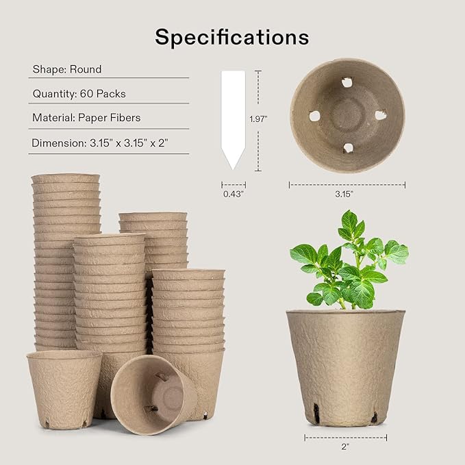 VIVOSUN Peat Pots, 120 Packs 3.15-Inch Seed Starting Pots with Drainage Holes, Round Nursery Pot, 20 Plant Labels for Flowers, Plants, Vegetables, 60Pcs
