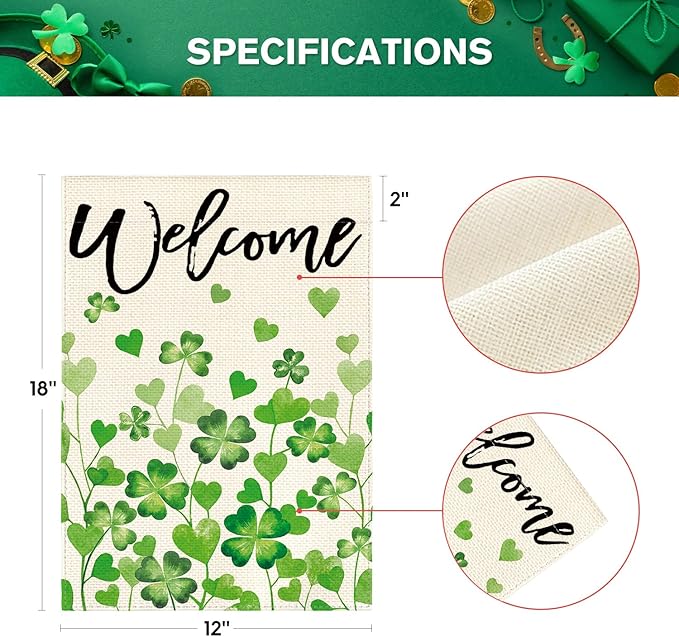 AVOIN colorlife St Patricks Day Welcome Garden Flag 12x18 Inch Double Sided Outside, Shamrocks Clovers Floral Yard Outdoor Decoration