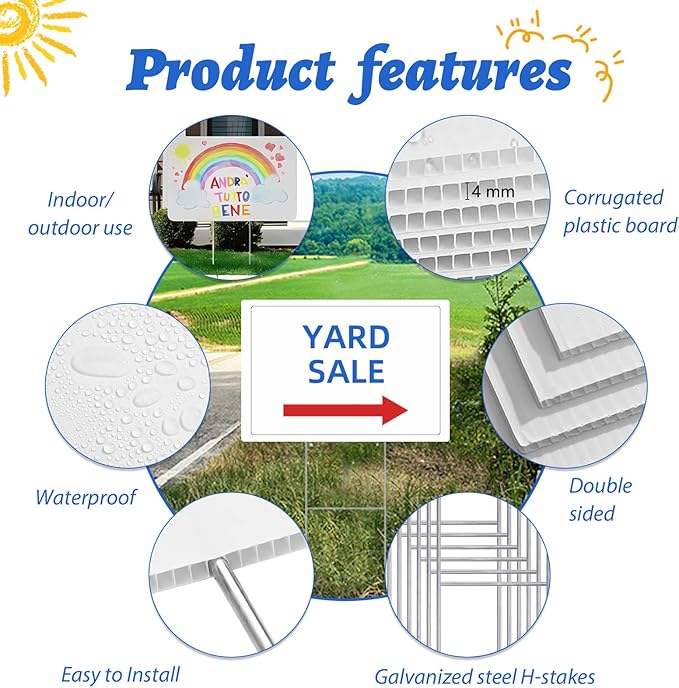 Blank Yard Signs with Stakes, GRS Certified 6 Pack 17x12 Inches Corrugated Plastic Lawn Signs Sheets, Double Sided Custom Sign for Home Front Door Outdoor, for Sale, Garage Sale, Yard Sale