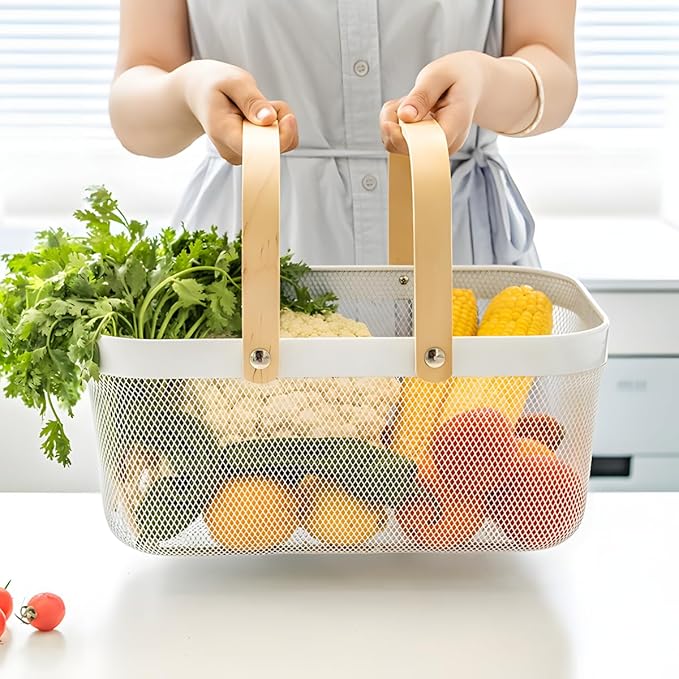 Portable Mesh Harvest Basket - Natural Bamboo Handle Foldable Organizer for Kitchen, Garden & Picnic | Ventilated Storage Bin with Rust-Proof Wire, Space-Saving Farmhouse Decor (White)