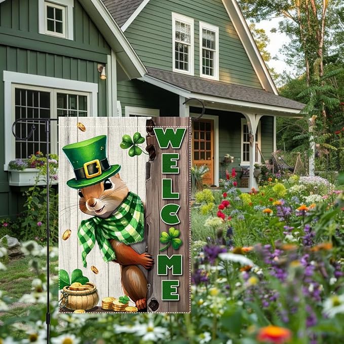 Spring St Patricks Day Garden Flag 12x18inch Double Sided Burlap The Squirrel Lucky Shamrock Garden Flags Happy St. Patrick's Day For Outdoor Yard Patio Lawn Decor,Green Hat with Clovers Gold Coin Pot Welcome Outside Decorations Banner