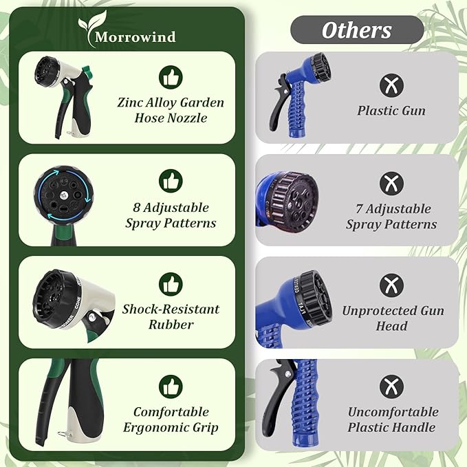 MORROWIND Garden Hose Nozzle, Heavy Duty Metal Water Nozzle with 8 Adjustable Spray Patterns, High Pressure Ergonomic Flow Control for Watering Plants, Lawns, Washing Cars, Pets, Black with Green