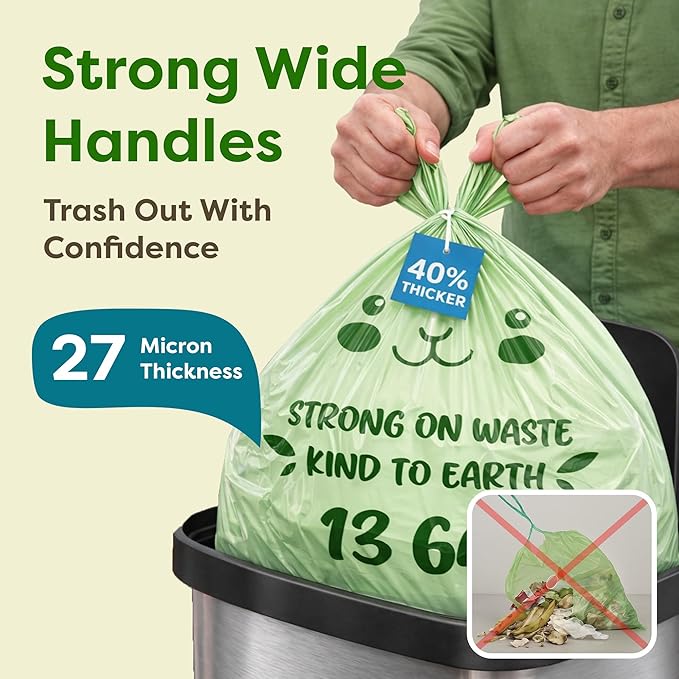 13 Gallon Compostable Trash Bags (40 Count) — Leakproof Plant-based Thick (1.1 Mil) Tall Kitchen Garbage Bags — ASTM D6400 BPI Certified — Heavy-Duty Large Food Scrap Liner Bag with Handle-Tie