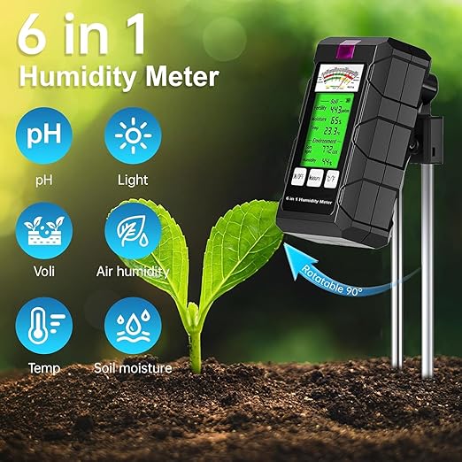 6-in-1 Soil Moisture Meter, Hygrometer for Plants with Soil Moisture, PH Meter, Temperature, Sunlight, Fertility, Environmental for Farming, Gardening (2*AAA Battery Needed)