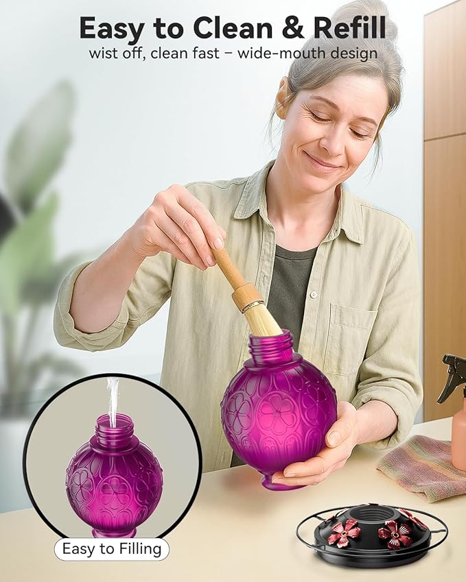 26Oz Hummingbird Feeder for Outdoors, Vintage Glass Bird Feeder with Perch, Durable & Easy to Clean, Hanging Nectar Feeder for Garden, Yard, Deck – Gifts for Women Mom (Violet)