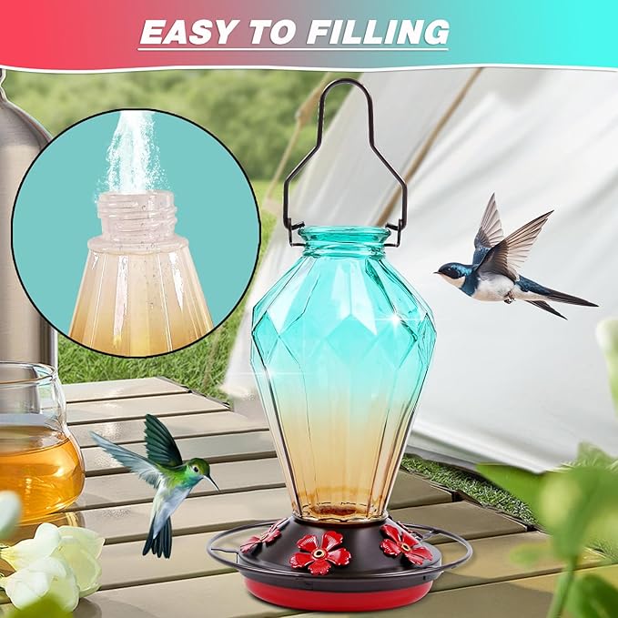 2 Pack Glass Hummingbird Feeder for Outdoors Hanging, 25Oz Humming Bird Nectar Feeder, Perch, 5 Flower Feeding Ports, Leak Proof Base, Hook for Outside Garden Backyard, Diamond Green