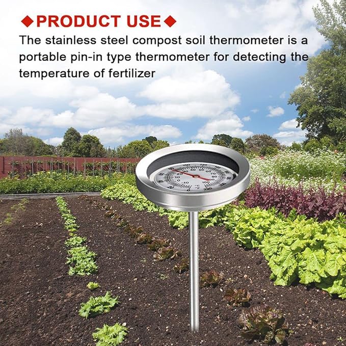 Long Stem Compost Soil Thermometer - Fast Response Stainless Steel 20 Inch - Measuring Probe - Fahrenheit and Celsius