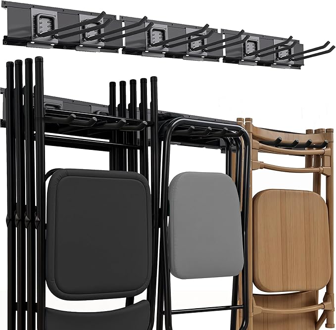 TIDYME Garage Tool Organizer Wall Mount | 48-Inch Garage Wall Organizer & Folding Chair Rack | Heavy-Duty Tool Hanger System | 9-Piece Kit with 3 Steel Rails & 6 Adjustable Hooks | 300 lbs Capacity