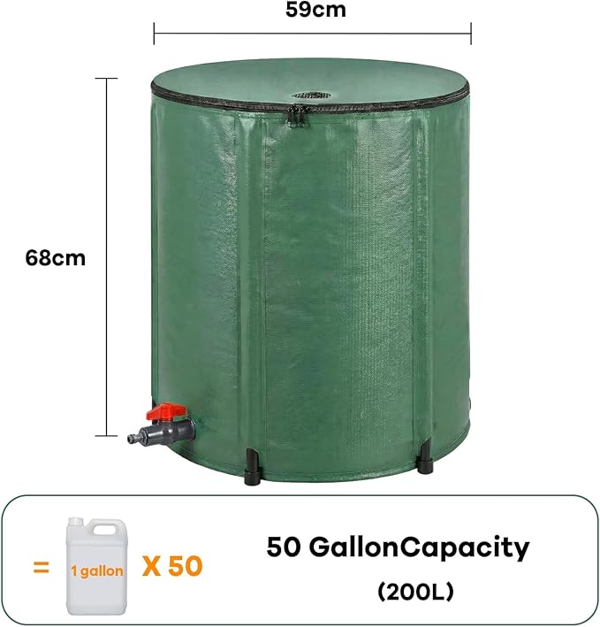 50 Gallon Collapsible Rain Barrel, Foldable 500D PVC Rainwater Collection Barrel with Spigot, Top Mesh and Overflow Valve, Portable Water Storage Tank for Gutter Downspout, Garden Watering