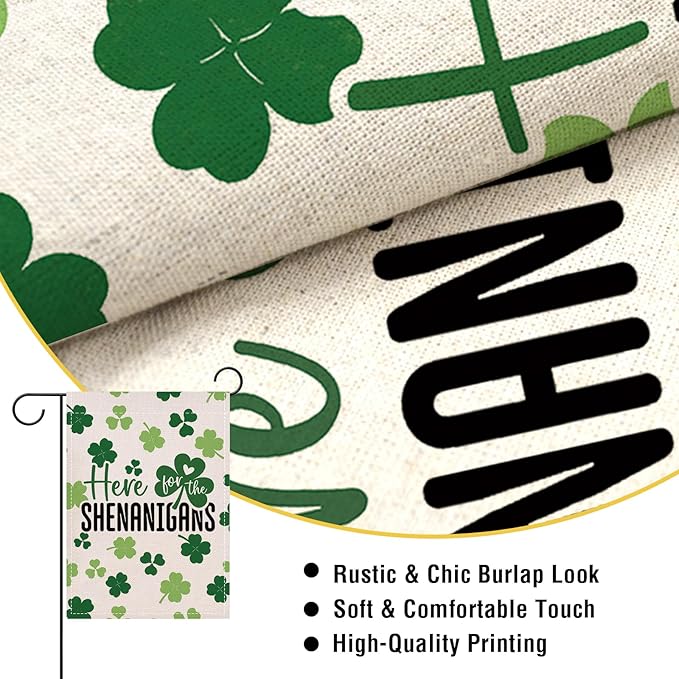 Artofy St Patricks Day Small Decorative Garden Flag, Lucky Shamrock Clover Here for The Shenanigans Yard Lawn Outside Decor, Irish Spring Burlap Outdoor Home Decoration Double Sided 12 x 18