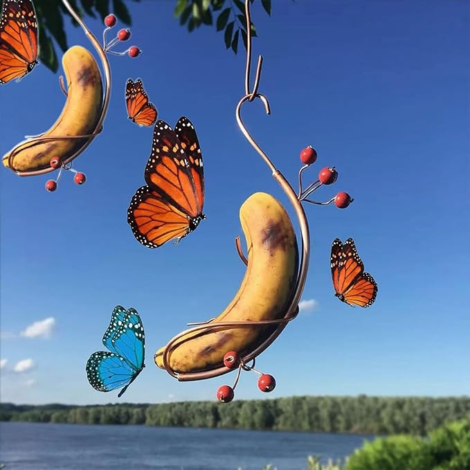 Butterfly Feeders Butterfly Hummingbird Feeder for Outdoor,Mini Hanging Butterfly Banana Feeder, Copper Vine Sturdy Banana Holder, Attract Butterflies, Bees and Birds to Your Garden (2)