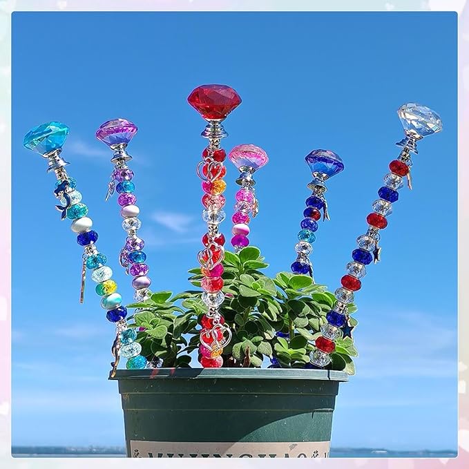 140Pcs DIY Garden Stakes Decorative Beadable Items for Different Festivals Fairy Wand Beaded Garden Stakes Kit Fairy Garden Accessories Outdoor (Diamonds)