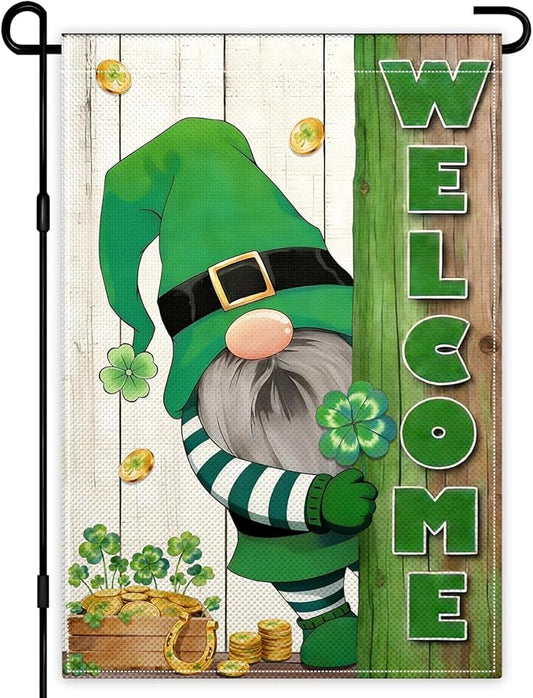 St. Patrick's Day Garden Flags for Outside 12x18 Inch Double Sided, 3 Ply Fabric Small Happy Lucky Clover Gold Coin Pot Gnome St Patricks Day Garden Flags for Outdoor Holiday Lawn Indoor Yard Welcome Sign Decoration