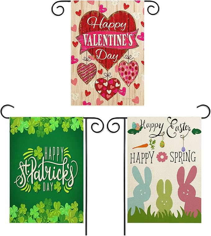 Valentine Garden Flag St Patricks Day Garden Flag Easter Garden Flags 3 Pack Outdoor Decorations for Seasonal Home Yard Spring