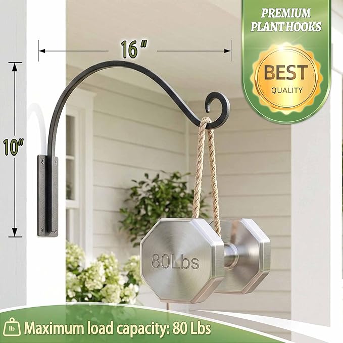 Heavy Duty Plant Hanger Bracket: 2 Packs 16 Inch Metal Hanging Plant Bracket, 80lbs Weight Capacity - Hanging Plant Wall Hooks for Bird Feeder, Wind Chimes, Flower Baskets, Indoor Outdoor