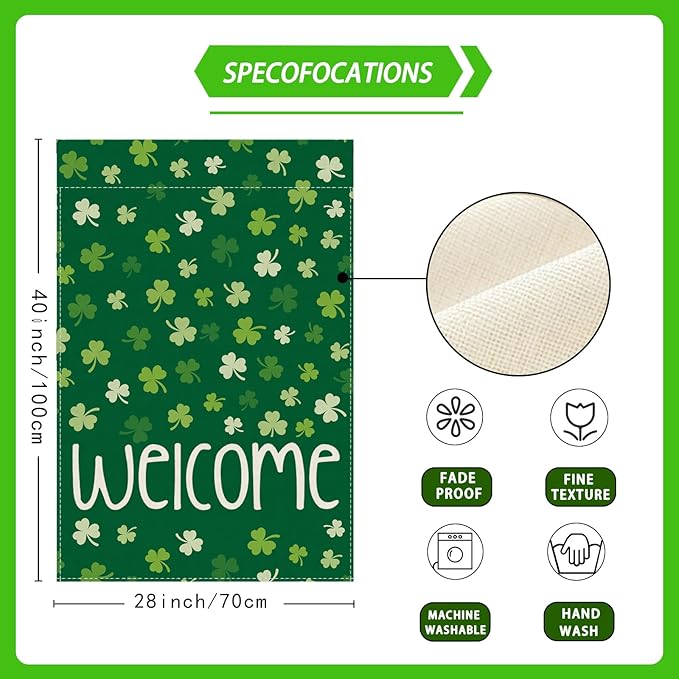Welcome St. Patrick's Day Green Shamrocks Clovers House Flag Large Burlap 28X40 Inch Vertical Double Sided Outside Yard Holiday Outdoor Farmhouse Decoration