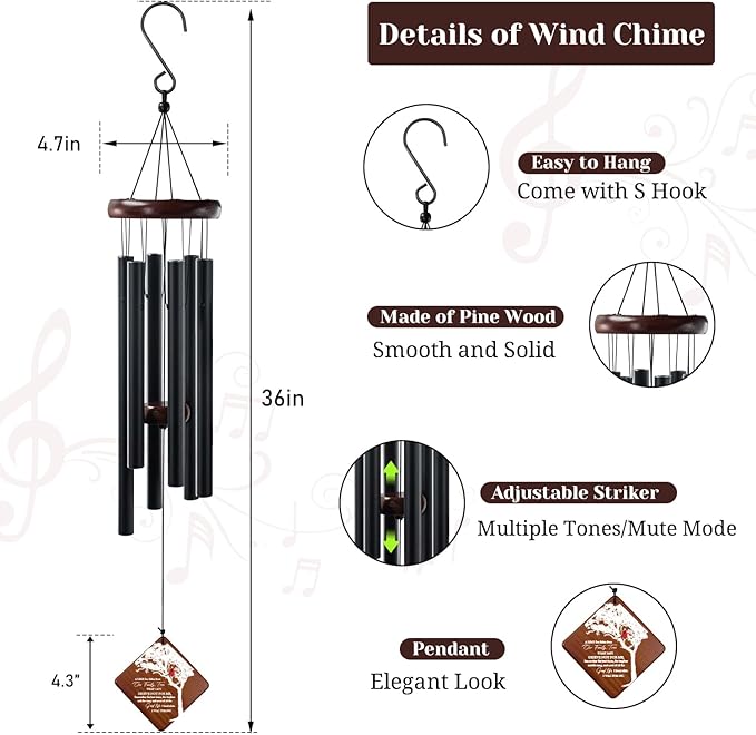 Memorial Wind Chimes for Outside, 36" Sympathy Gifts for Loss of Loved One, Windchimes in Memory of Dad or Mom,Bereavement Outdoor Classic Cardinal Chimes for Garden, Patio Decoration
