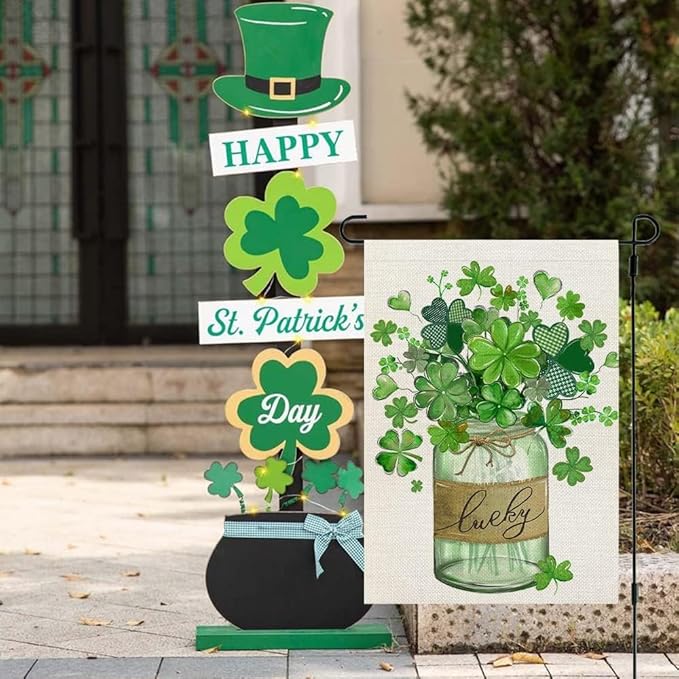 CROWNED BEAUTY St Patricks Day Shamrocks Mason Jar Garden Flag 12x18 Inch Double Sided for Outside Small Green Clovers Lucky Holiday Burlap Yard Decoration