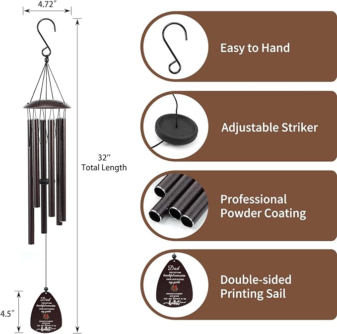 Cardinal Memorial Wind Chimes for Loss of Father, 32" Large Sympathy Windchimes for Outside Deep Tone, Best Bereavement Remembrance Memory Funeral Gifts for Loss of Dad