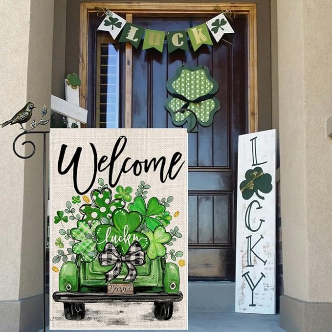 GEEORY St Patricks Day Shamrocks Truck Garden Flag 12 x 18 Inch, Green Lucky Clovers Double Sided Decorative Flag For Outside Yard Lawn Outdoor Decoration GB090-12