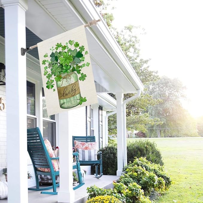 CROWNED BEAUTY St Patricks Day House Flag 28x40 Inch Double Sided for Outside Big Burlap Green Shamrocks Clovers Mason Jar Lucky Welcome Yard Holiday Flag CF727-40