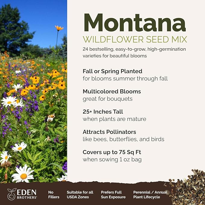 Eden Brothers Montana Wildflower Mixed Seeds for Planting, 1 oz, 30,000+ Seeds with Foxglove, Bluebell | Attracts Pollinators, Plant in Spring or Fall, Zones
