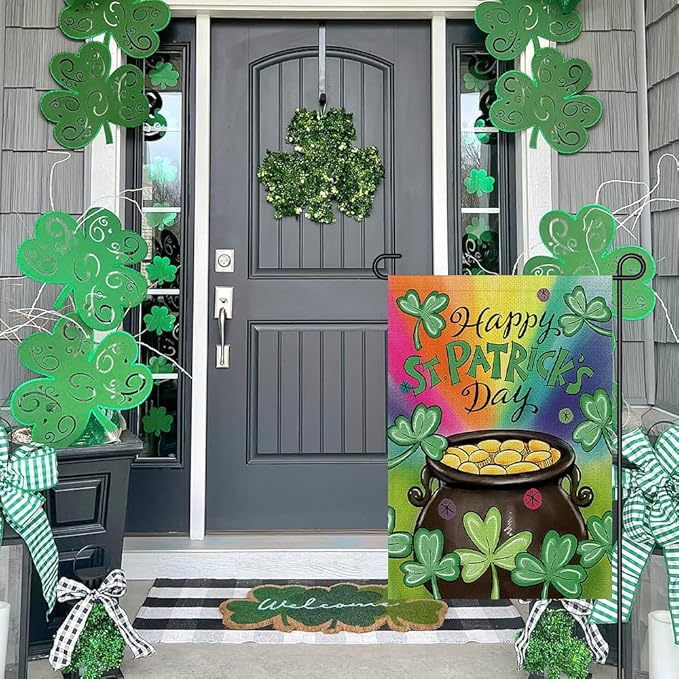 Happy St Patrick's Day Garden Flag 12x18 Inch Double Sided Burlap, Green Lucky Clovers Shamrock Gold Coin Sign for Farmhouse Yard Outdoor Decor DF430