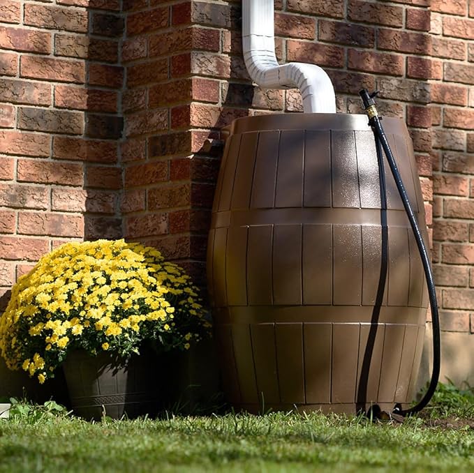 FCMP Outdoor Raincatcher 4000 Rain Barrel, Flat-Back Rainwater Catcher with Spigots, 50 Gallon, Brown - Portable Water Storage Container Tank for Home, Garden, and Backyard