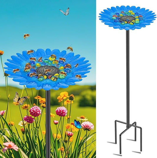 Bee Watering Station Feeder, Metal Butterfly Water Feeder with 30 Colorful Glass Marbles, Bee Waterer Feeder for Butterfly Bird Garden Outdoor Decors (Blue Chrysanthemum)