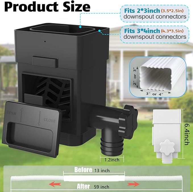 Anivia Rainwater Collection System, Downspout Diverter Fits for 2x3 or 3x4 Inch Standard Downspouts, Rain Barrel Diverter Kit with Adjustable Valve and Filter. 5ft Hose - Black