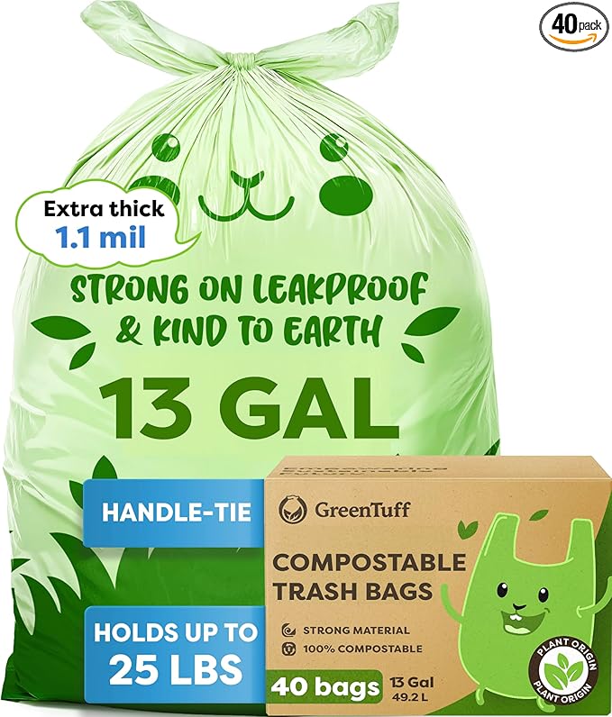 13 Gallon Compostable Trash Bags (40 Count) — Leakproof Plant-based Thick (1.1 Mil) Tall Kitchen Garbage Bags — ASTM D6400 BPI Certified — Heavy-Duty Large Food Scrap Liner Bag with Handle-Tie