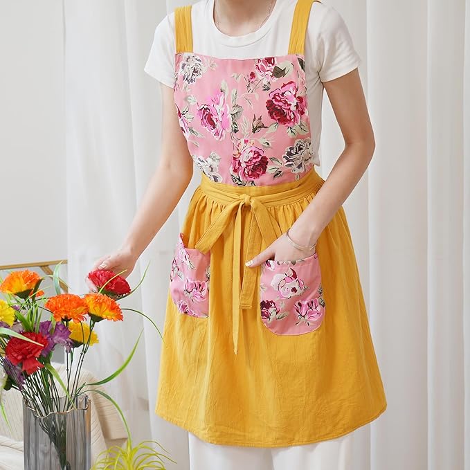 Vintage Pinafore Apron Dress for Women with Pockets Cute Floral Chef Aprons for Kitchen Cooking Baking Gardening