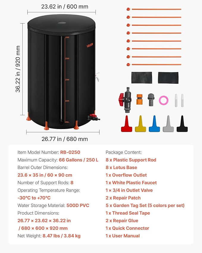 VEVOR Collapsible Rain Barrel, 66 Gallon Portable Rain Water Collection Barrel, 500D PVC Rainwater Collection System, Garden Water Catcher Tank Storage Container with Spigot & Overflow Kit, Black