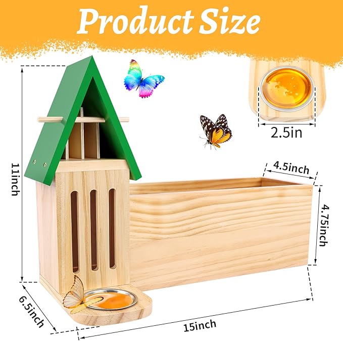 Butterfly House and Feeder with Flower Pot for Outside, 3-in-1 Wooden Butterfly House for Garden, Natural Butterfly Habitat with Butterfly Puddler for Garden Decor