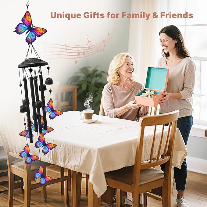 Butterfly Wind Chimes for Outside, Black Metal Windchimes Outdoors, Butterflies Gifts for Women/Men, Garden/Yard Decor, Memorial/Birthday Gifts for Grandma/Mom, Durable Chimes for Outdoors