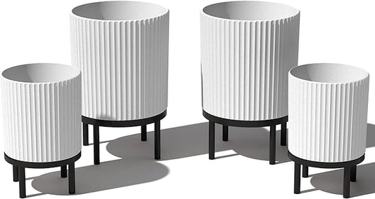 Veradek Demi Series Round Planter w/Stand for Porch/Patio | Durable Plastic-Stone Composite & Wooden Stand | Modern Décor for Tall Plants, Flowers