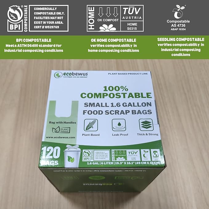 1.6 Gallon 100% Compostable Food Scrap Bags Handle Tie (120 Bags) Small Trash Bags Kitchen Garbage Bags US BPI Certified TUV OK Compost Home Certified Meeting ASTM D6400 (120 ct.)