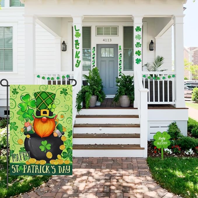 Happy St Patricks Day Gnome Garden Flag Burlap 12x18 Double Sided, Green Leprechaun Hat Shamrock Lucky Clover Holiday Party Sign Small Flags Yard Outdoor Decorations DF656